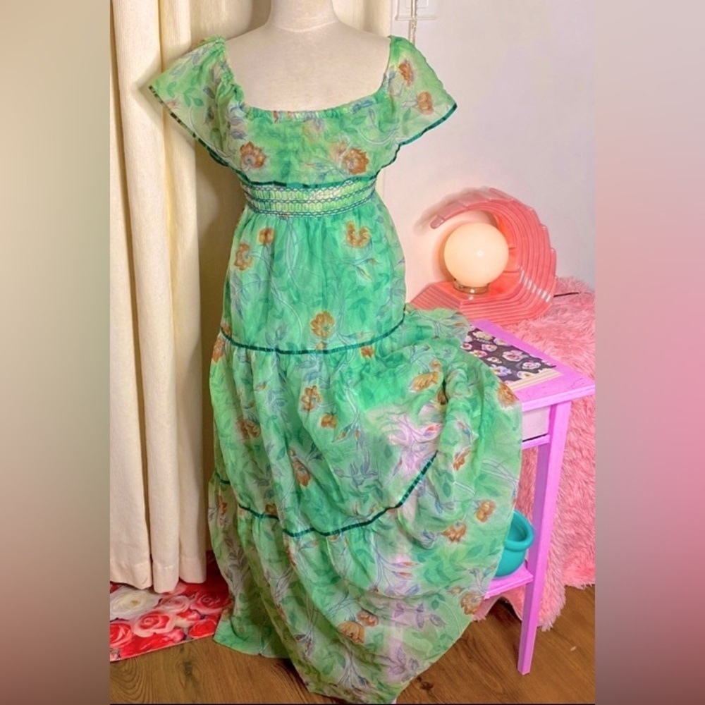 🌹 Miss Renfrew by Holt Renfrew 🌹 Vintage Off Shoulder Floral Chiffon Gown - Picture 2 of 16